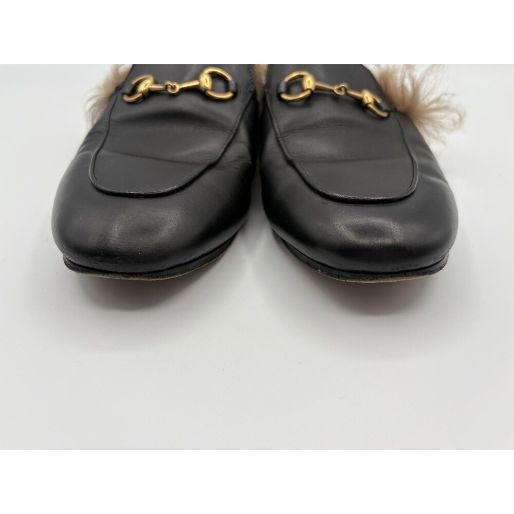 Gucci Black Leather Princetown Loafer Mule Fur Lined Horse-bit Accent Sz EU 37.5 - Picture 6 of 11